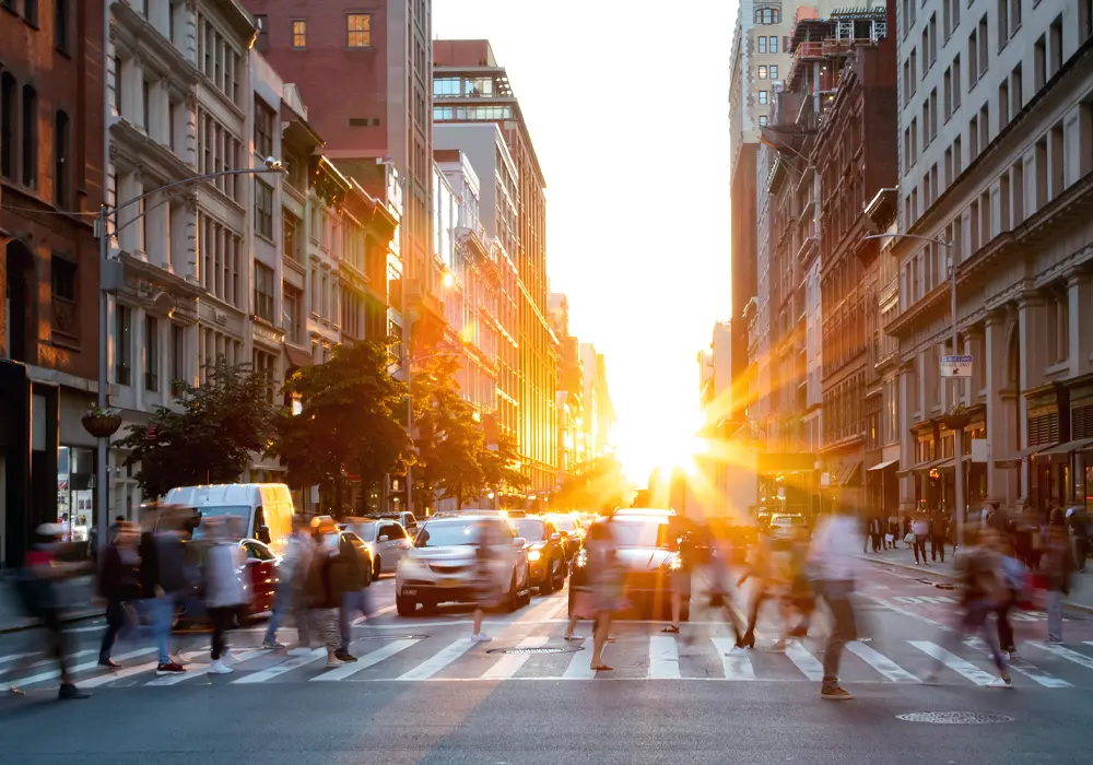 Busy city street in new york at sunset img