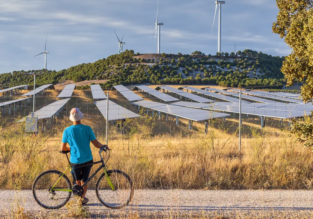 Person stopped by a solar and wind farm on a sunny day img