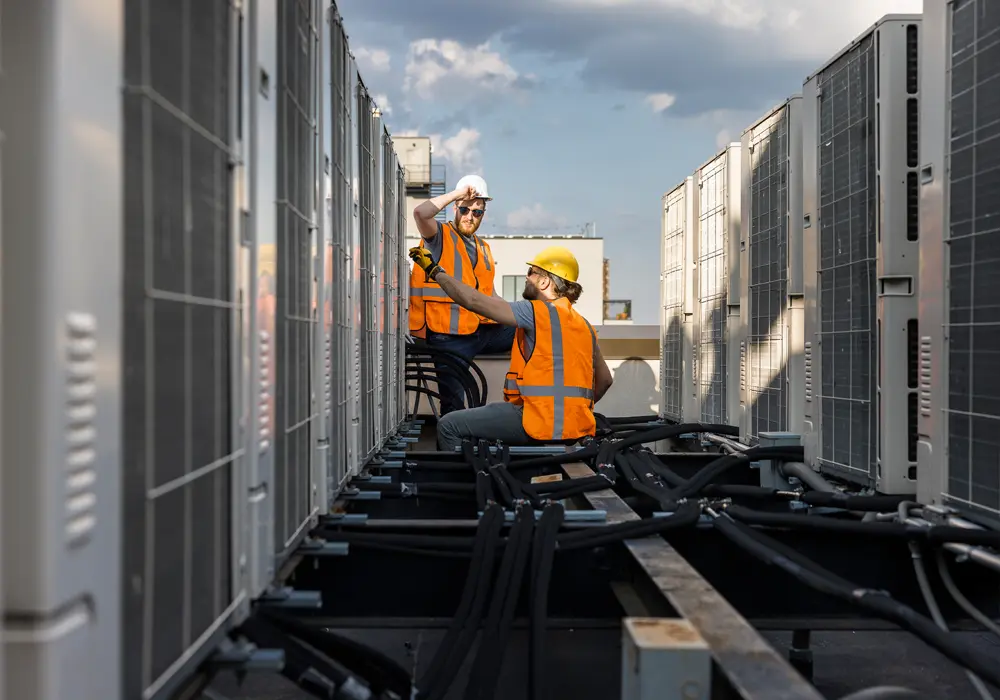 Workers inspecting large air conditioners img