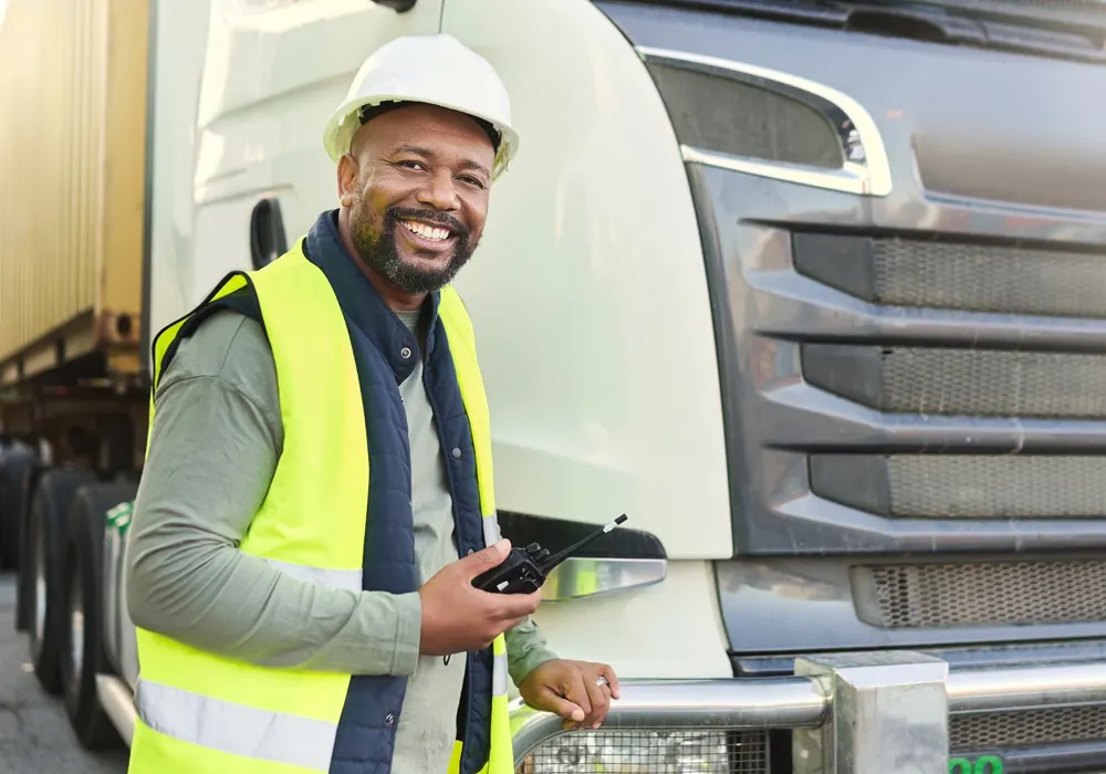 Electric fleet worker in front of a large truck