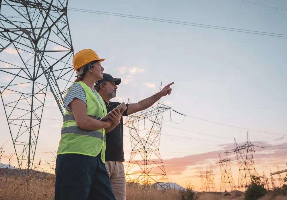 Engineers talking about transmission lines at sunset