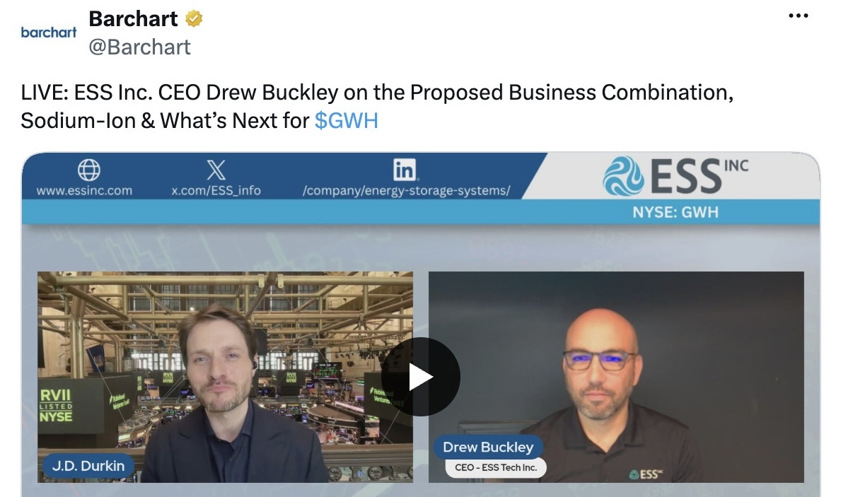 ESS CEO Interviewed on Barcharts Live, Discusses Business Combination and More